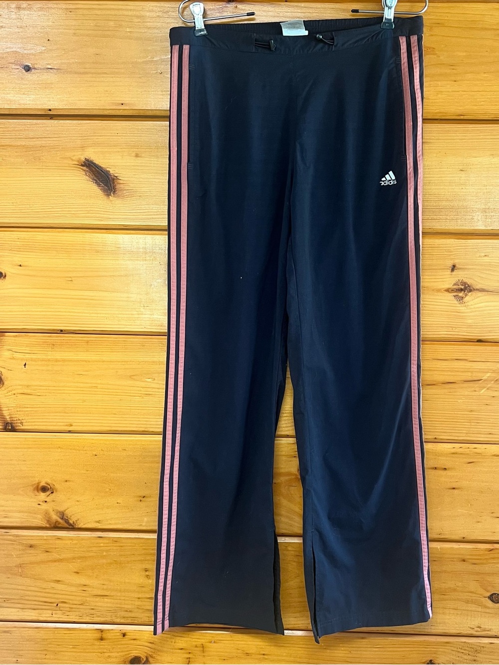 VTG Adidas Womens Black Track Workout Stretchy Pants with Pink Stripe slits M
